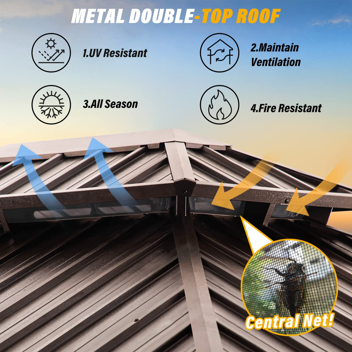 LAUSAINT HOME 10x12 ft Metal Gazebo with Nettings and Curtains for Patios, Waterproof Permanent Heavy Duty Double Hard Roofs Gazebos with Brown Aluminum Frame for Lawn, Party LAUSAINT HOME