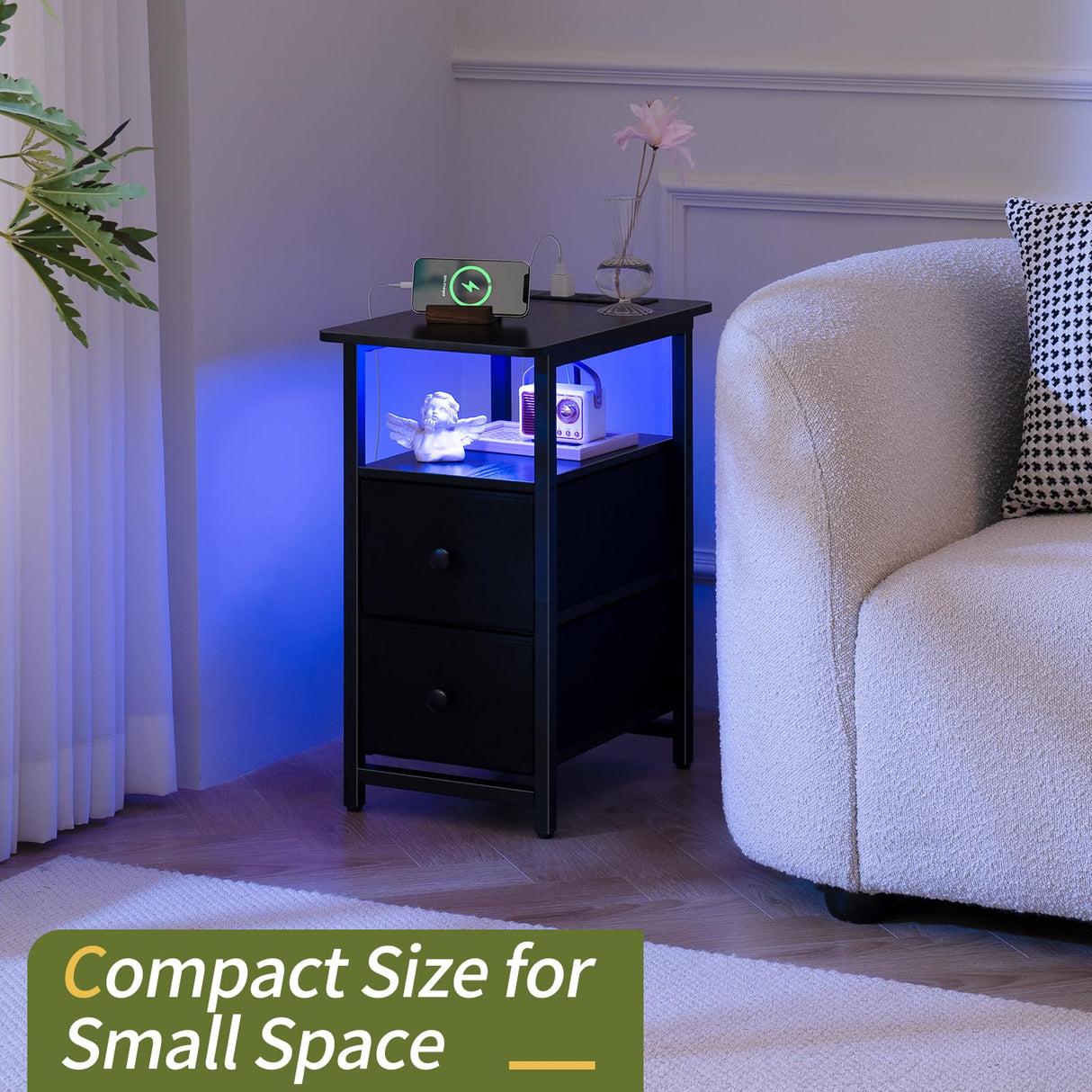 Yoobure End Table with Charging Station, Narrow Side Table LED Small Night Stand, Skinny Nightstand with Fabric Drawers, Bedside Table End Tables Living Room, Side Tables Bedroom for Small Spaces Yoobure