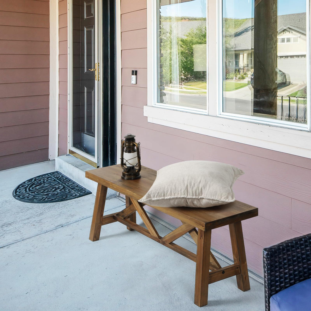 Wnutrees 43" Farmhouse Wood Bench, Rustic Solid Wood Entryway Bench Seat with Double X-Structure for Dining Room, Living Room, Hallway, Bedroom, Structural Stability, Natural Wnutrees