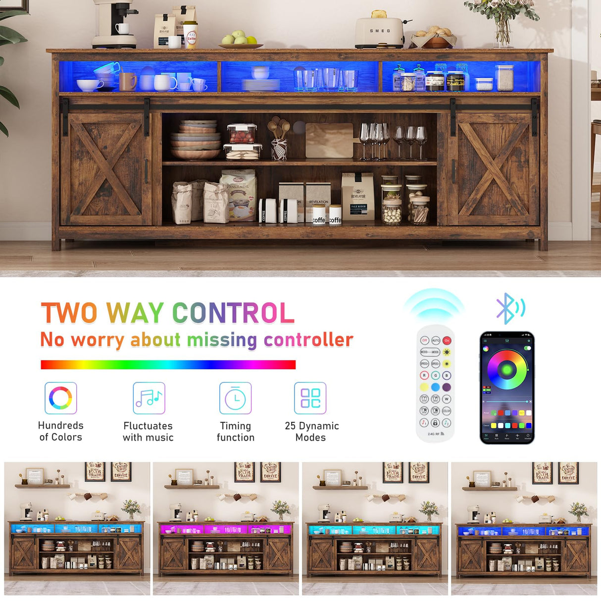 80" LED Farmhouse TV Stand for 90/85/80 Inch TVs,Tall Entertainment Center Storage Cabinets w/Power Outlets and Sliding Barn Door,Rustic TV Stands for Living Room,Media Console Cabinet (Brown) Hlivelood