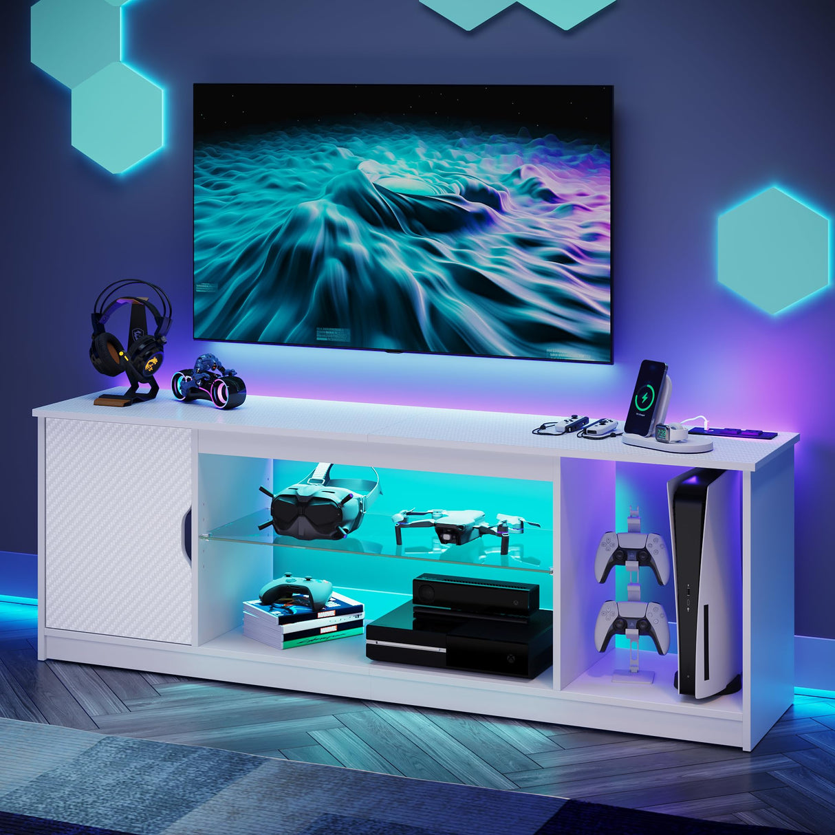 Bestier LED TV Stand with Power Outlets for 55/60/65 Inch TV, Gaming Entertainment Center with Cabinet for PS5, Modern TV Cabinet with Adjustable Glass Shelves for Bedroom 58 Inch Carbon Fiber White Bestier