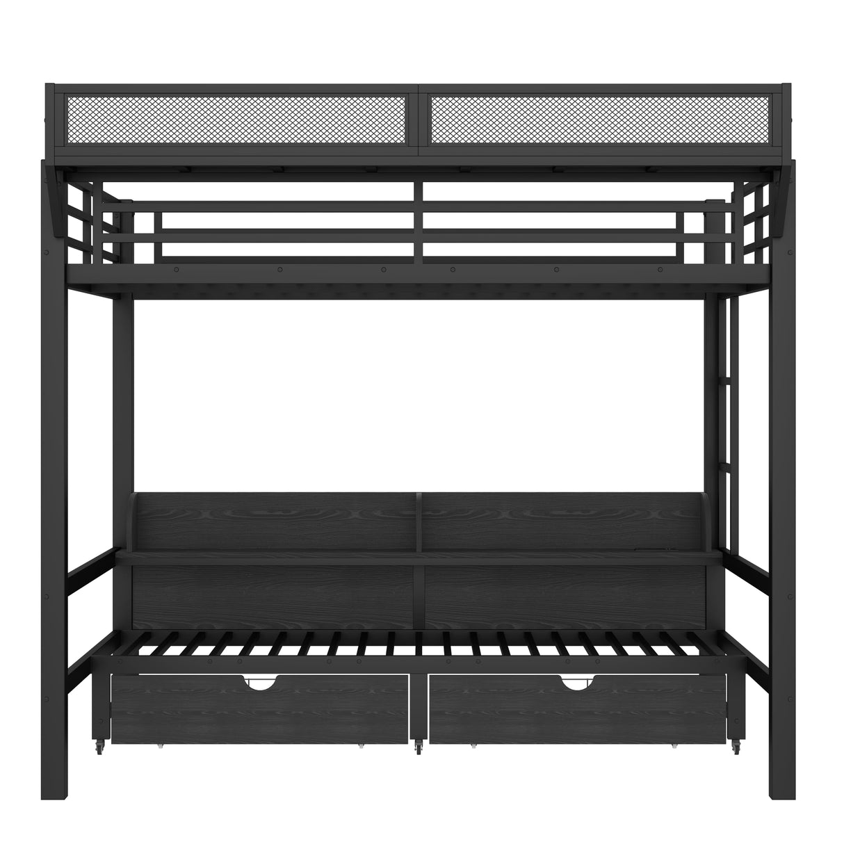 Queen Over Queen Metal Bunk Bed with Storage Drawers and Shelves, Heavy Duty Bunk Beds with LED Lights and Charging Station for Kids,Adults,Convertible into a Sofa Bed,Black Bellemave
