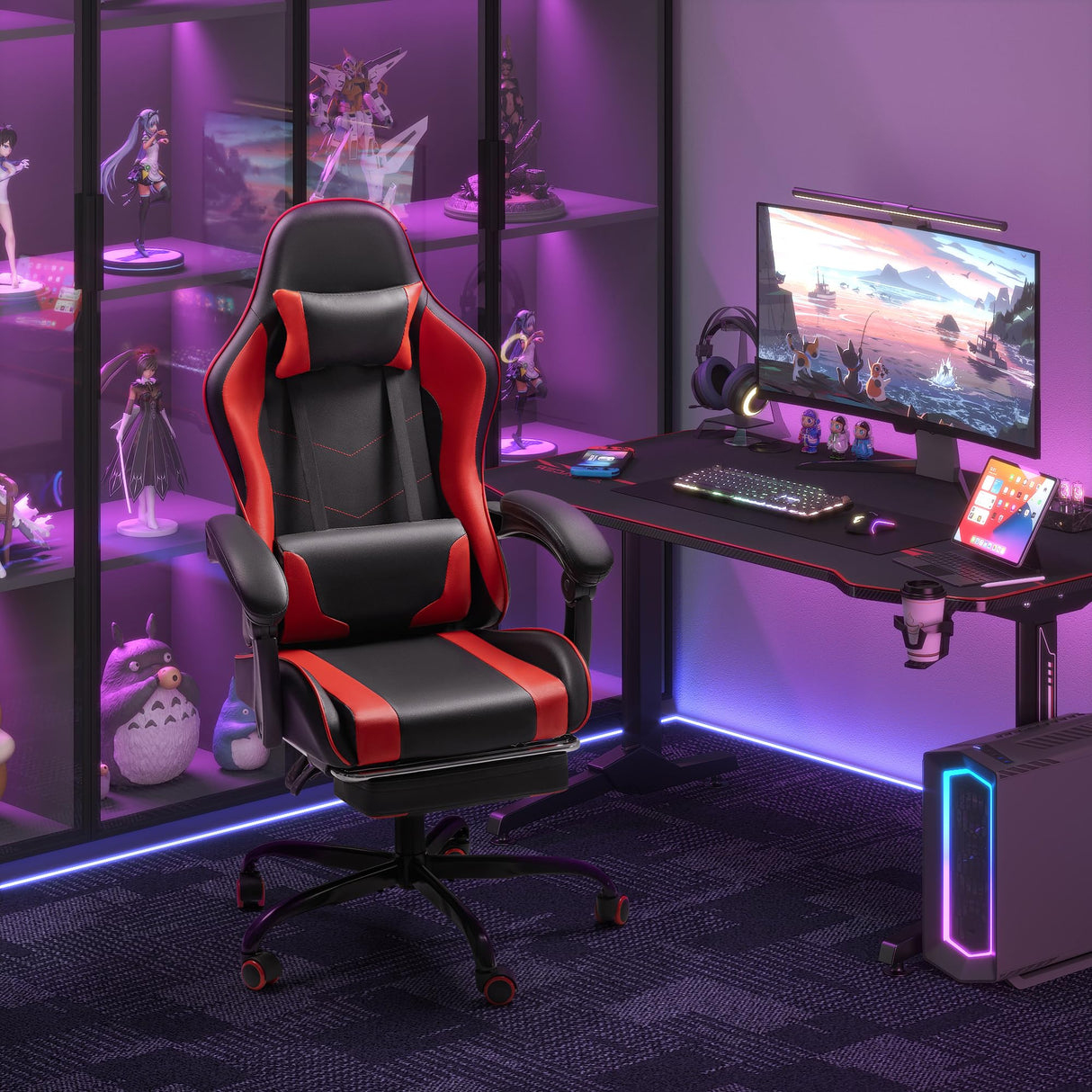 Homall Gaming Chair, Video Game Chair with Footrest and Massage Lumbar Support, Ergonomic Computer Chair Height Adjustable with Swivel Seat and Headrest (Red) Homall