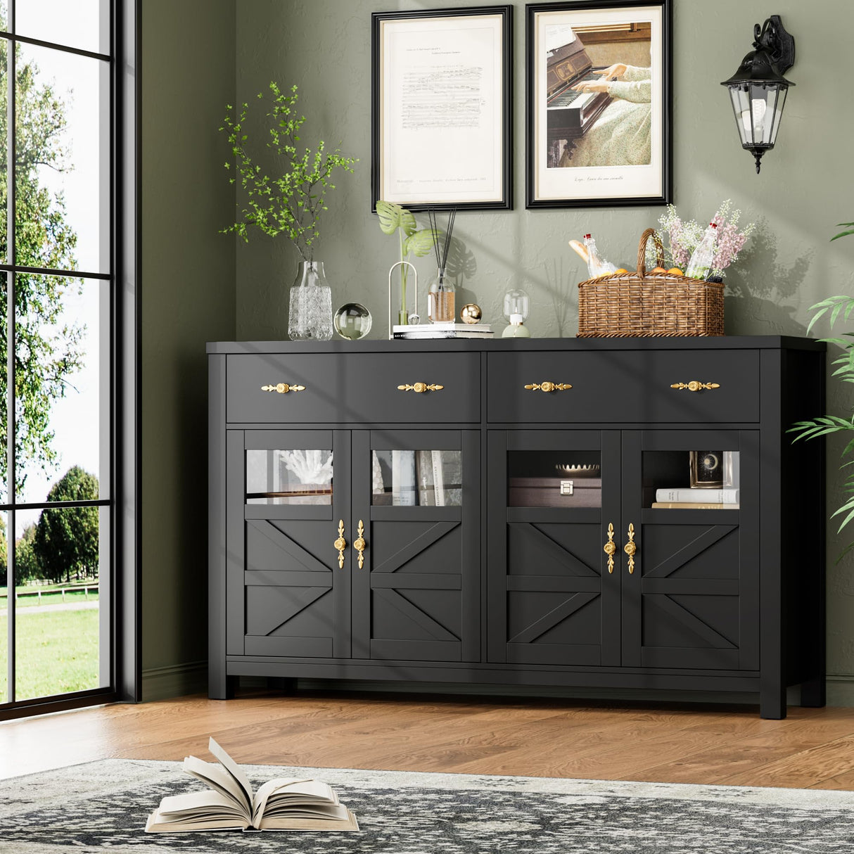 finetones Buffet Cabinet with Storage, 55.1" Large Sideboard Buffet Cabinet, Farmhouse Sideboard Kitchen Cabinet with 2 Drawers and 4 Doors, Wood Coffee Bar Cabinet Buffet Table for Kitchen, Black finetones