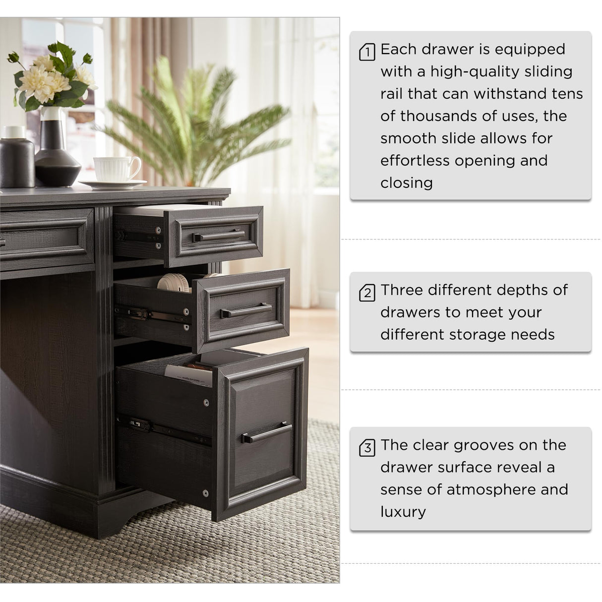 JXQTLINGMU Farmhouse 58" Executive Desk, Computer Desk with Drawers and Storage Cabinet, Workstation for Home Office, Black JXQTLINGMU