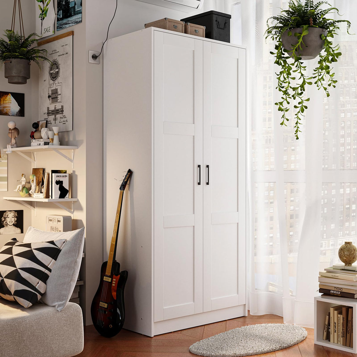 Fddevelop Fenghua Lizhi Wood White Wardrobe Closet with 2 Doors,Bedroom Freestanding Armoire Storage Cabinet with Shelves,Wooden Wardrobe Combination for Hanging Clothes Fenghua Lizhi