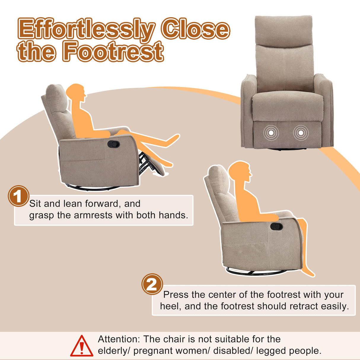 Manual 360° Swivel Rocker Recliner Chair for Adults, Overstuffed Glider Chair for Nursery with Vibration Massage and Heat, Comfy Soft Fabric Glider with Side Pockets for Living Room, Khaki Luxlen