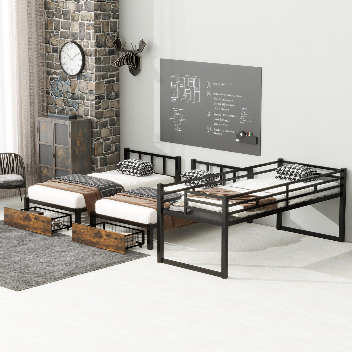 FULLJOJOR Triple Bunk Bed for Kids,Detachable TwinXL Over Twin Over Twin Metal Bunk Bed with Guardrails,Ladder & Storage,Converts to 3 Separate Beds,Easy to Assemble(3 Bunk Beds for Kids) FULLJOJOR