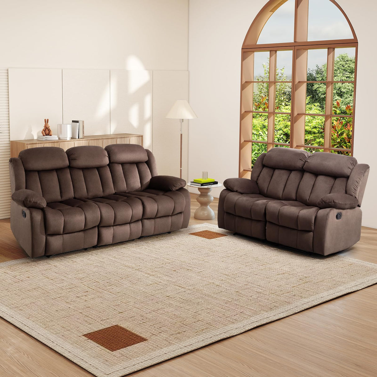 INZOY Manual Reclining Sofa Set, Included Wall-Hugger 2 Seat Recliner Loveseat and Wall-Hugger 3 Seat Recliner Sofa Coach, Modern 3 Reclining Sofa Couch for Living Room Furniture, Brown, 2+3 INZOY