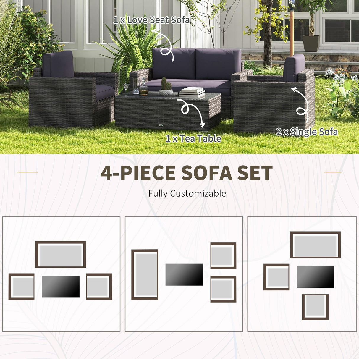 Outsunny 4 Piece Wicker Patio Furniture Set with Cushions, Outdoor Sectional Furniture with 2 Sofa, Loveseat, and Glass Top Coffee Table, Conversation Sofa Sets for Garden, Gray Outsunny