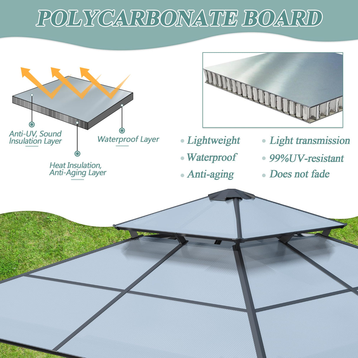 Howsvn 10'x10' Hardtop Gazebo, Outdoor Polycarbonate Double Roof Gazebos with Netting and Curtains, Heavy Duty Metal Pavilion for Patio, Backyard, Deck and Lawn HOWSVN