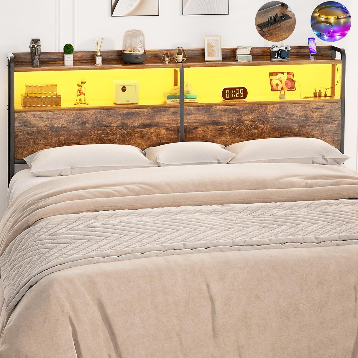 Aheaplus King Size Headboard with USB Ports, Outlets, LED Lights & Storage in Rustic Brown Aheaplus