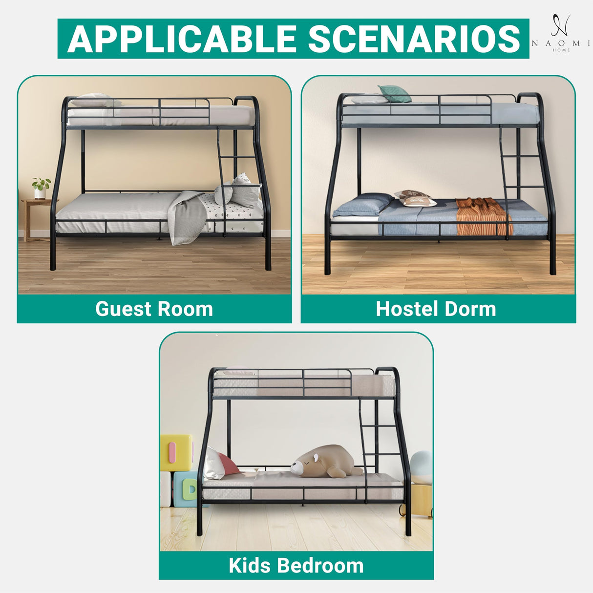 Naomi Home Twin Over Full Metal Bunk Bed with Safety Guardrails, 800 lbs Capacity, Angled Ladder, Underbed Storage, Black, Modern Design Naomi Home