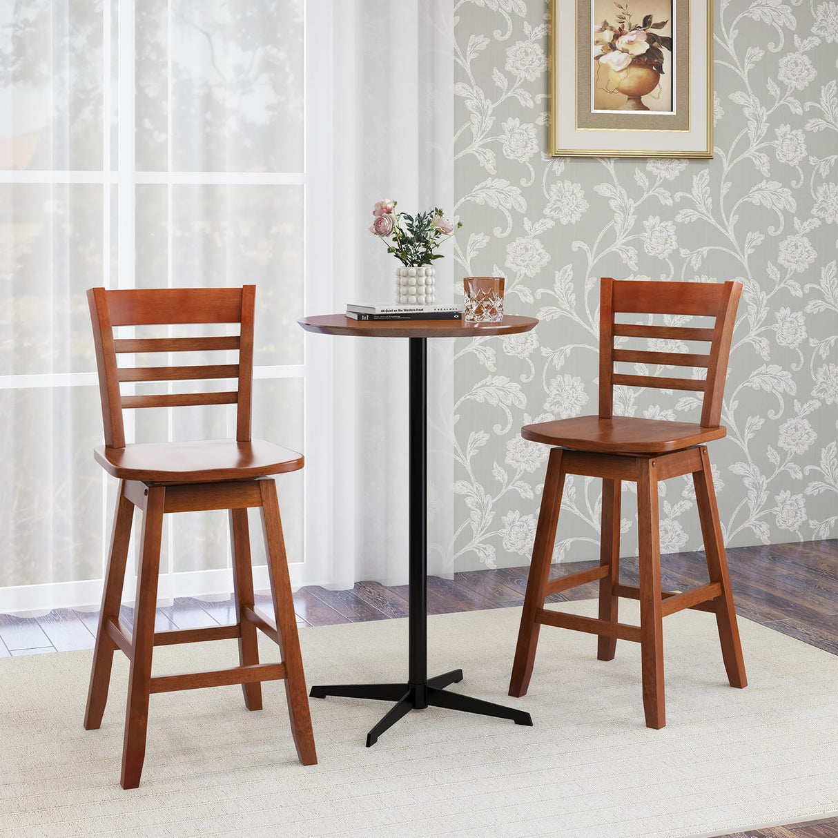 Giantex Wood Bar Stools Set of 2, 24.5" Swivel Counter Height Bar Stools with Slatted Hollow Back & Ergonomic Contoured Seat, Footrest, Farmhouse Wooden Barstools for Kitchen Island, Bar, Cafe, Walnut Giantex