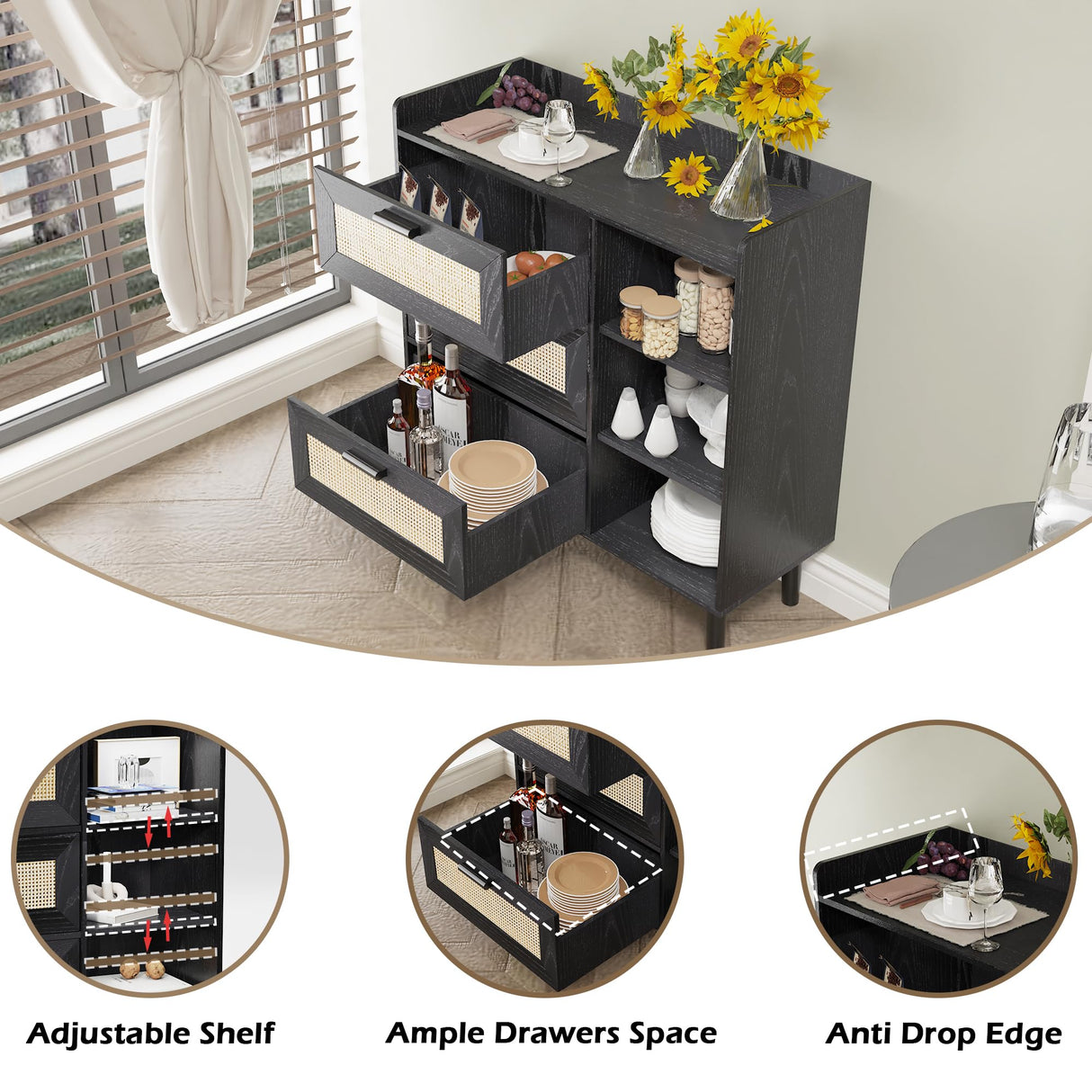 Hiwelldas Dresser Storage Cabinet with 3 Rattan Drawers & Adjustable Shelf Boho Bathroom Cabinet Large Chest of Dressers for Bedroom, Living Room, Hallway, Entryway (Black) Hiwelldas