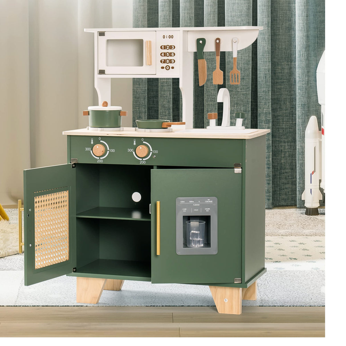 ROBUD Kids Kitchen Playset, Vintage Wooden Play Kitchen with Ice Dispenser, Pretend Toddlers Kitchen Toy with Accessories, Baby Gift for Ages 3 4 5 6 7 8 ROBUD