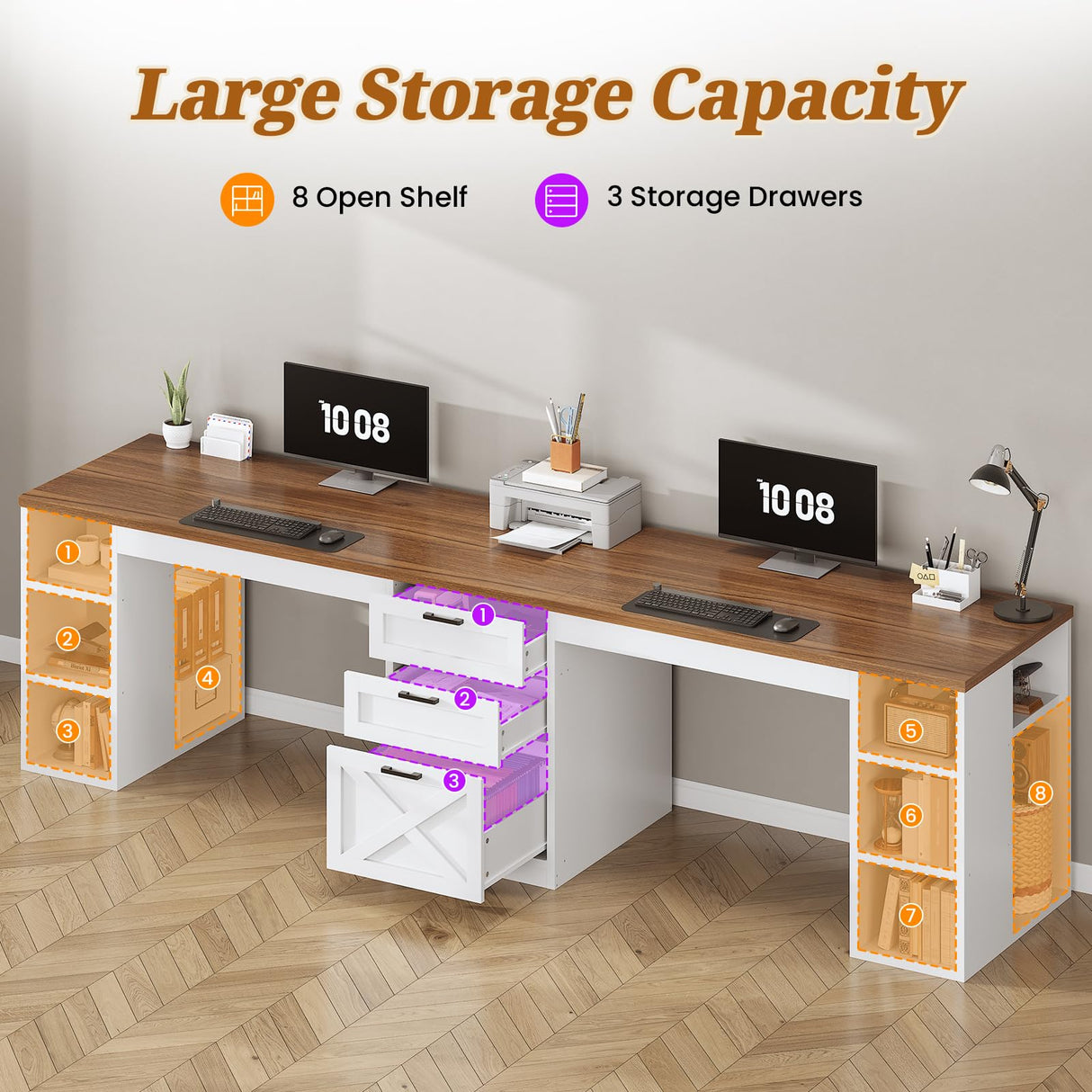 SEDETA Farmhouse 96.5" Computer Desk with Drawers, 2 Person Home Office Desk, Gaming Double Desk with Storage Shelves, Long Two Person Writing Desk (White and Brown) SEDETA