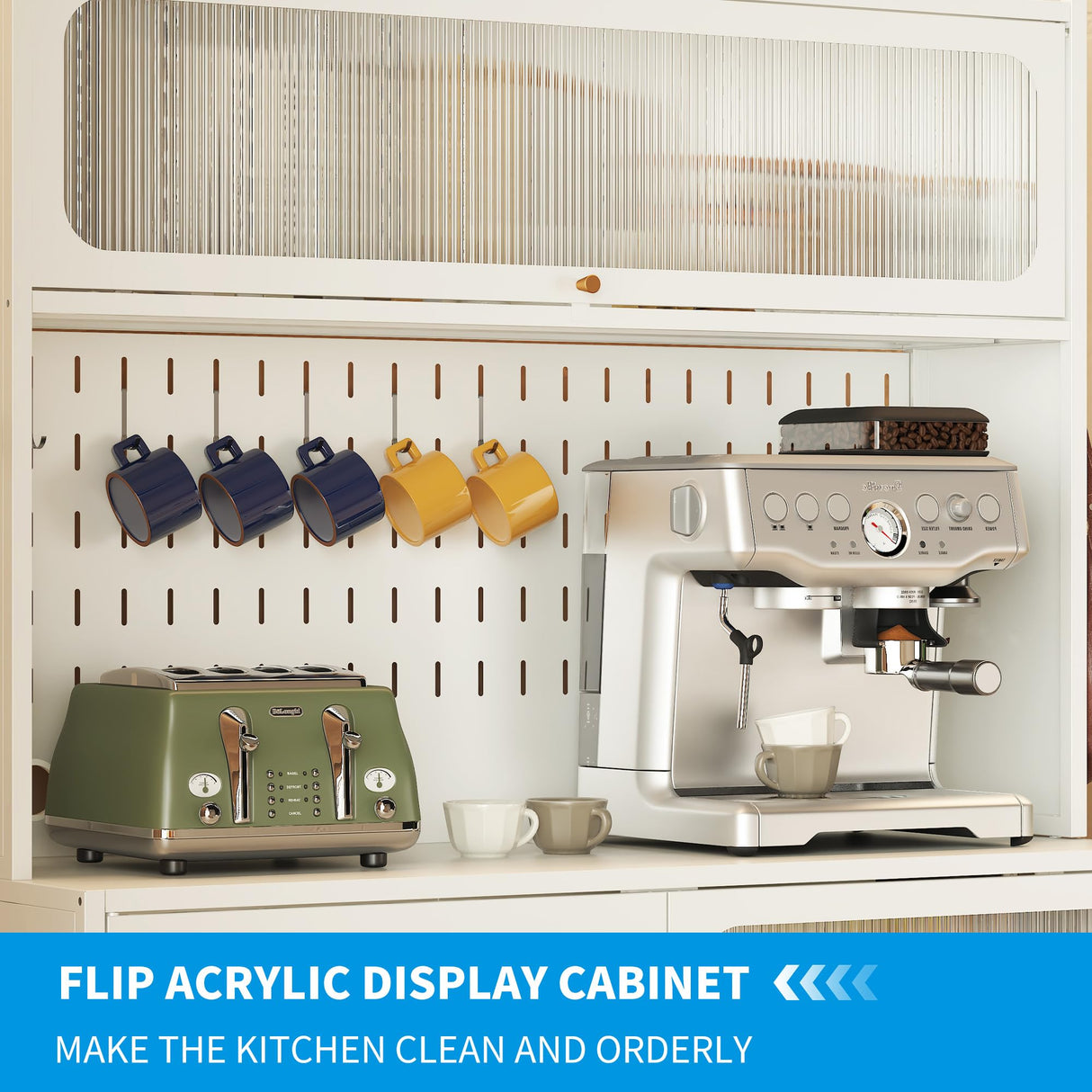 VIYET Kitchen Bakers Rack with Flip Door Cabinet, Metal Microwave Stand with Storage Cabinet and Metal Pegboard Panels for Kitchen, Pantry, Home(White) VIYET