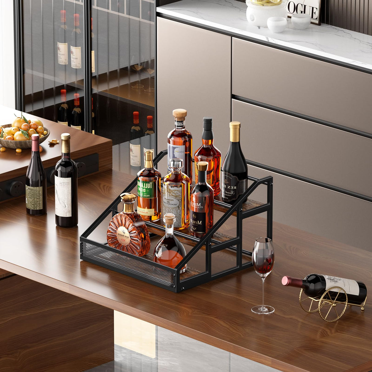 B4Life 3-Tier Liquor Bottle Display Shelf for Whiskey and Spirits - Retro Bar Shelves B4Life
