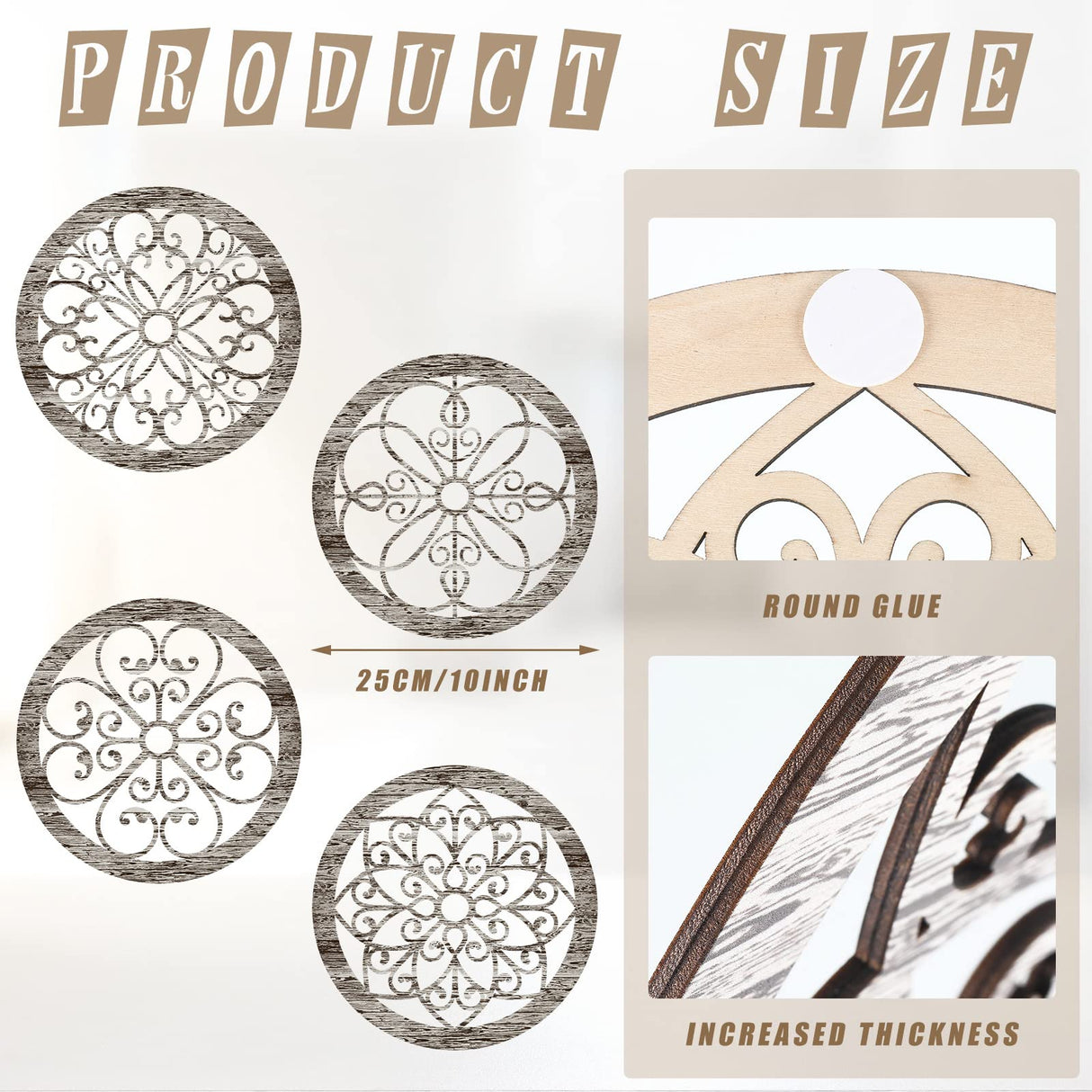 Yulejo 4 Pcs Thicken Rustic Wall Decor Farmhouse Wall Art Wooden Hollow Carved Design Decor Rustic Round Wall Art for Living Room Bedroom Hallway Decor Kitchen Wall (Retro White,9.8 x 9.8 Inch) Yulejo