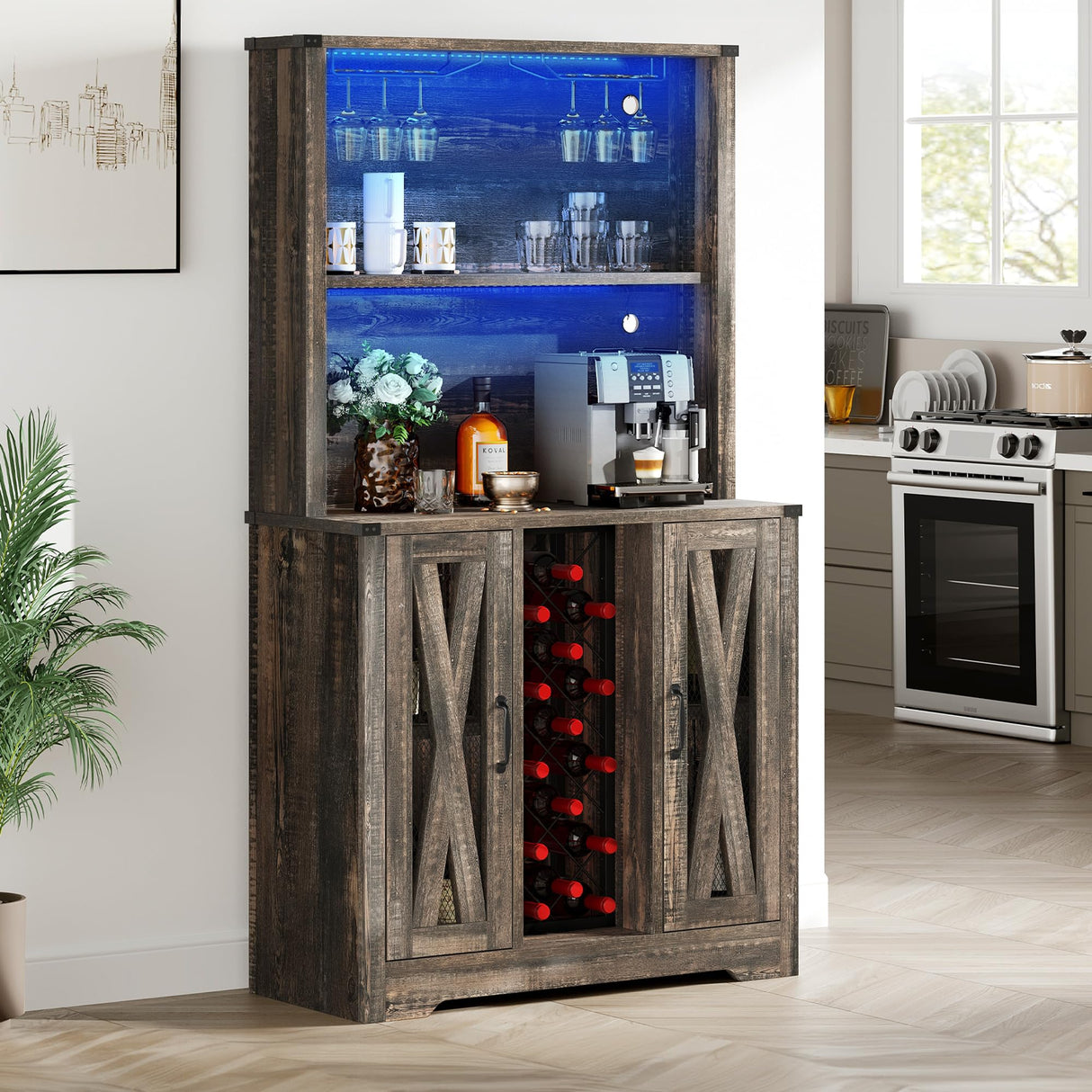 YITAHOME Wine Bar Cabinet, LED Farmhouse Liquor Cabinet Coffee Bar with Adjustable Shelves, 65 Inch Buffet Kitchen Storage Cabinet for Dinning Room, Kitchen, Living Room, Dark Rustic Oak YITAHOME