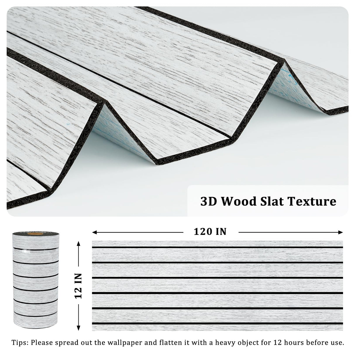 STICKEEP White/Grey 3D Wood Slat Panels for Walls Peel and Stick PVC Slat Wall Paneling Soundproof Self Adhesive Faux Wooden Slatted Panel for Wall Decor Interior Living Room Bedroom 120"x 12" STICKEEP