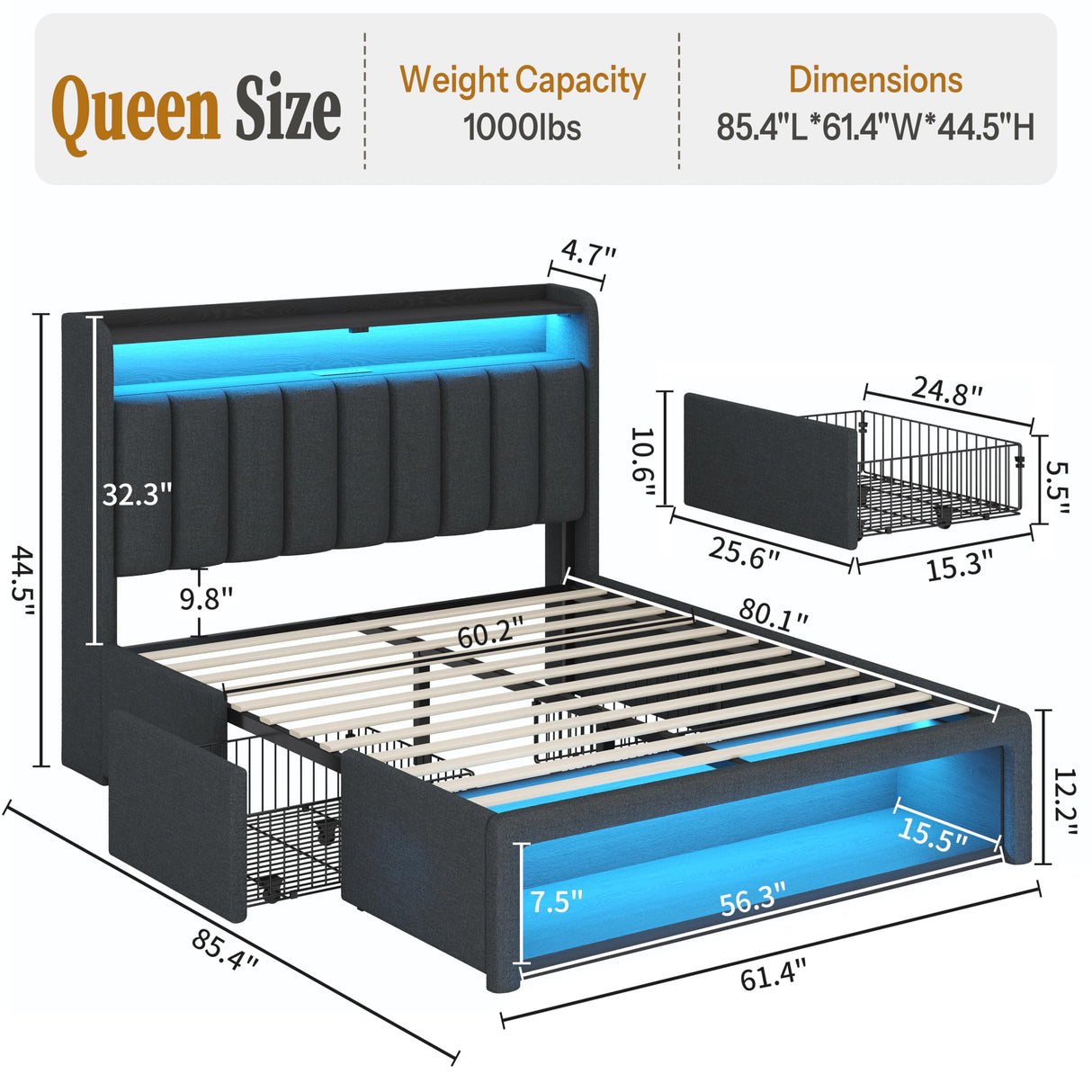 ChicZhiNest Queen Bed Frame with 2 Storage Drawers & Large Footboard Cabinet, LED Lights & USB Charging Station, Linen Upholstered Platform Bed with Headboard, No Box Spring Needed, Dark Grey ChicZhiNest