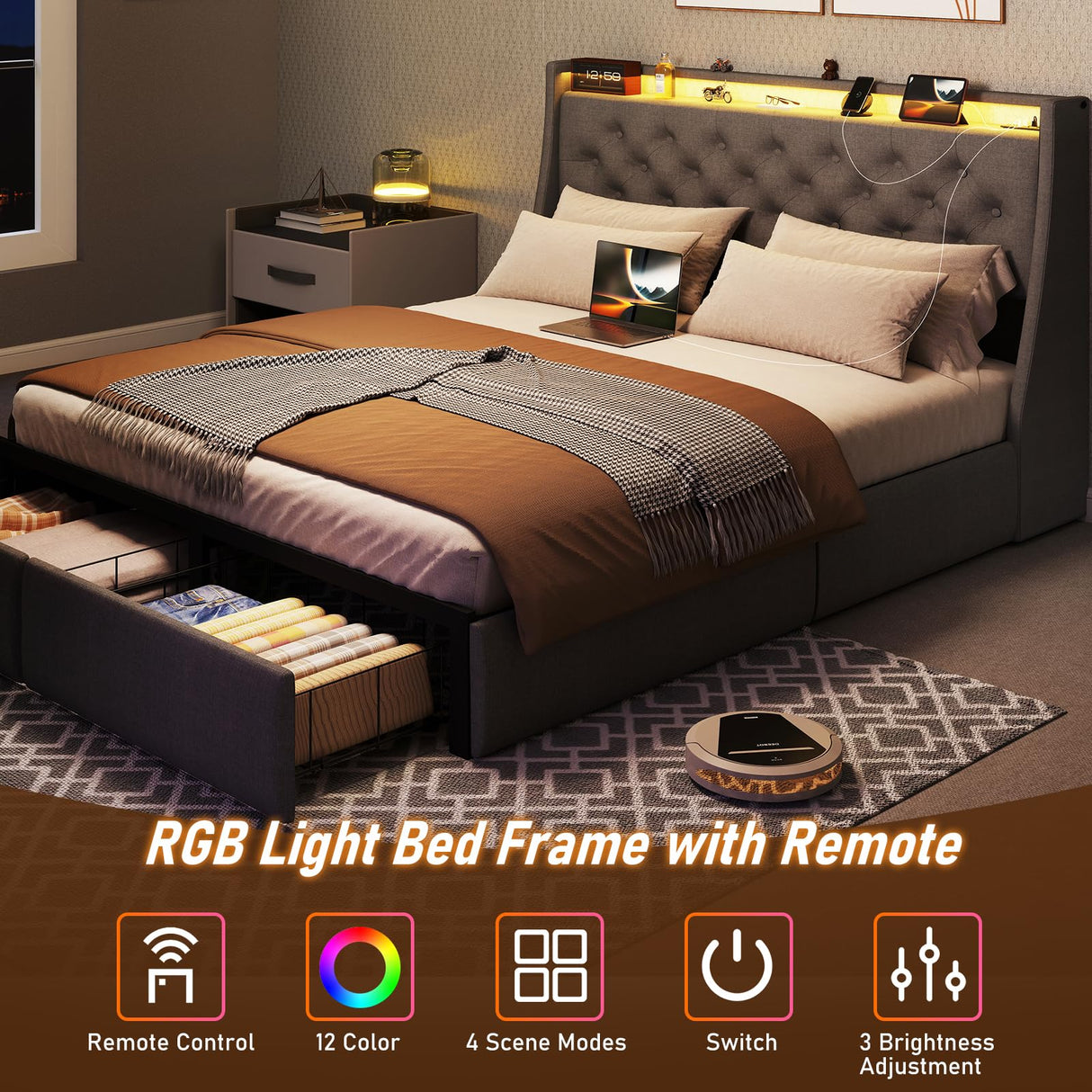 SADENICEL Full Size Bed Frame with Storage Headboard and 2 Drawer, Metal Full Bed Frame Platform with LED Light, Charging Station, No Box Spring Needed, Noise Free, Easy Assembly, Grey SADENICEL