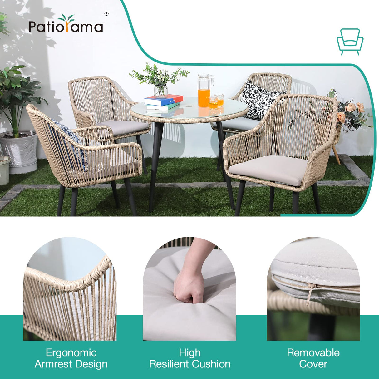 Patiorama 5-Piece Patio Dining Set, Outdoor Dining Table Chair Set, All-Weather Twisted Rattan Wicker Rope Conversation Set, Patio Furniture Set w/Umbrella Hole, 4 Cushioned Chairs&Glass Table(Tan) Patiorama