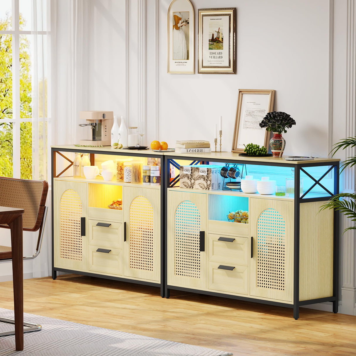 JDPAG 40” Rattan Sideboard Buffet Kitchen Storage Cabinet, LED Coffee Bar Cabinet with Charging Station, Cupboard Console Table with Adjustable Shelves (Natural) JDPAG