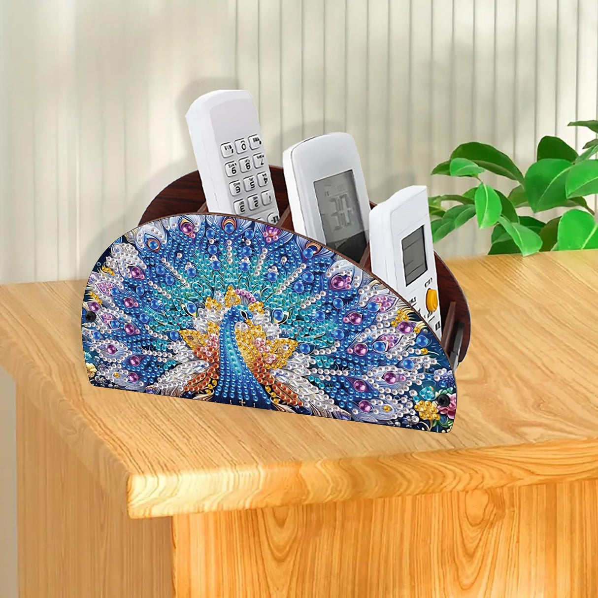 DoxQcs Wooden Half Moon Storage Box, DIY Diamond Art Painting TV Remote Box, Home Decorative Storage Boxes for Pen Phone Cosmetics Office Supplies-Peafowl DoxQcs