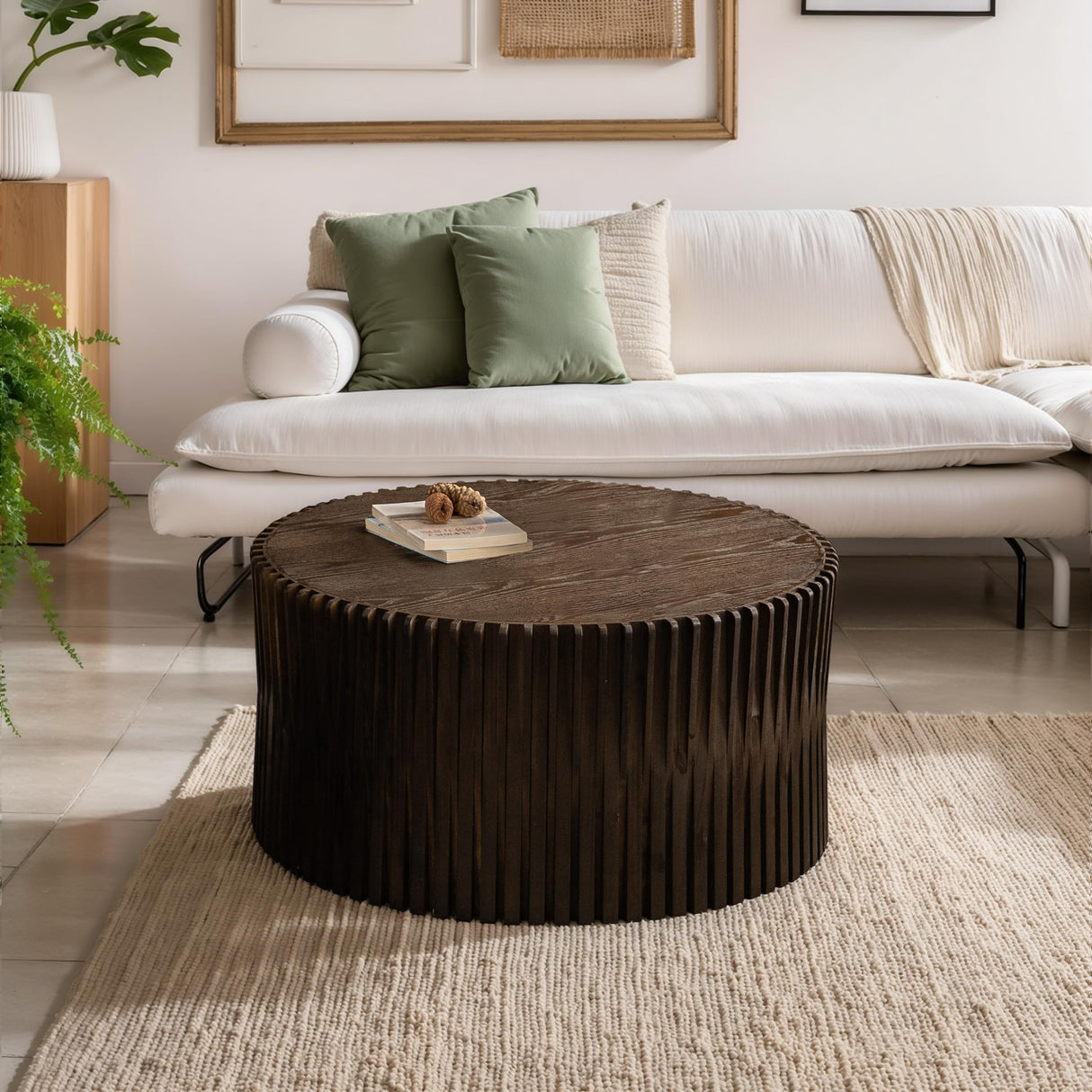 KIGFTSOD Vintage Modern Nesting Coffee Table Set of 2, Round Wooden Table Accent End Table Cylindrical Set with Vertical Textured Embossed Design for Living Room, Apartment (Dark Brown) KIGFTSOD