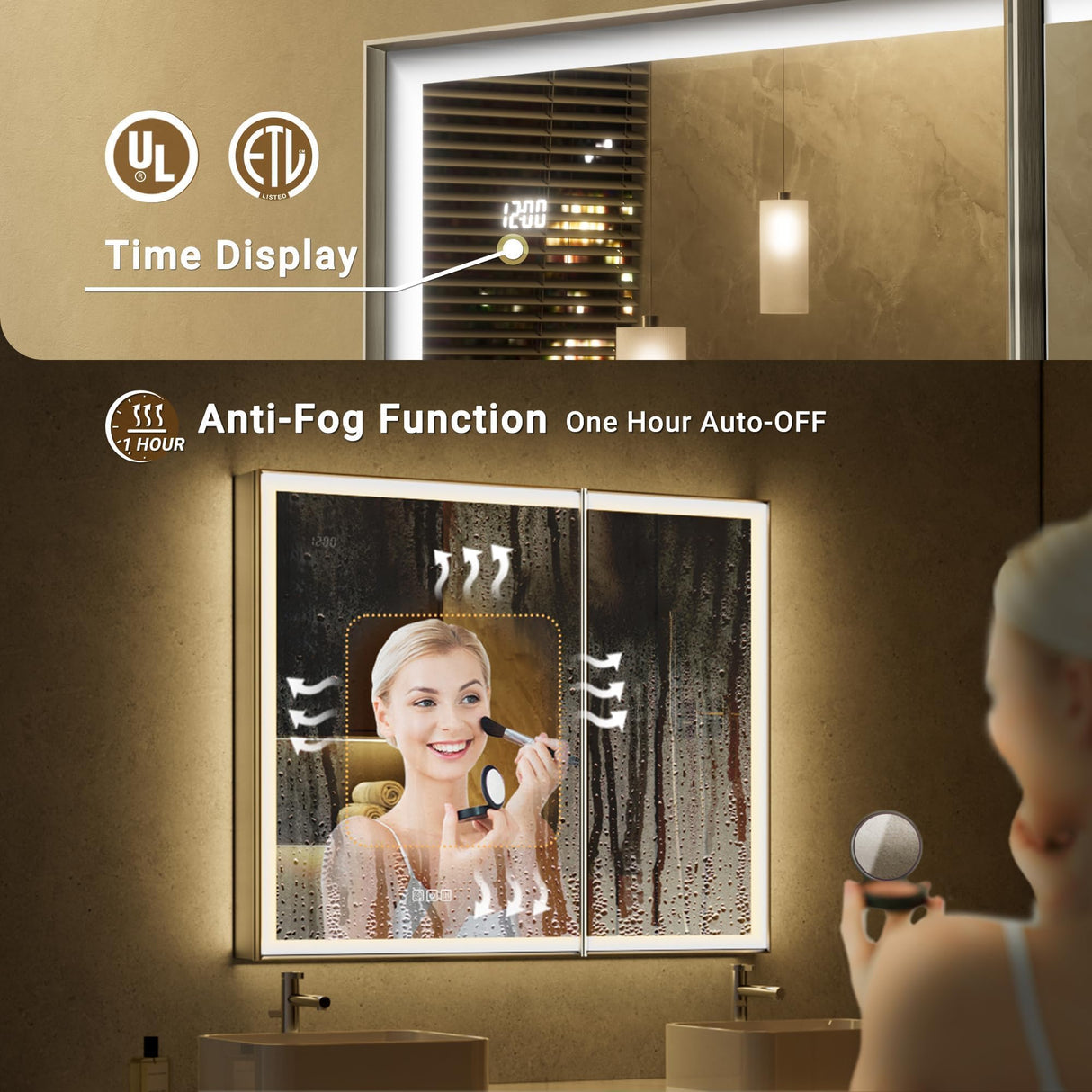 QueenFun 24x32 Lighted Medicine Cabinet with Mirror, Beveled Brushed Nickel Framed Surface or Recessed Fogless Dimmable LED Medicine Cabinet with Outlet, Time Display and Sensor Inner Light QueenFun