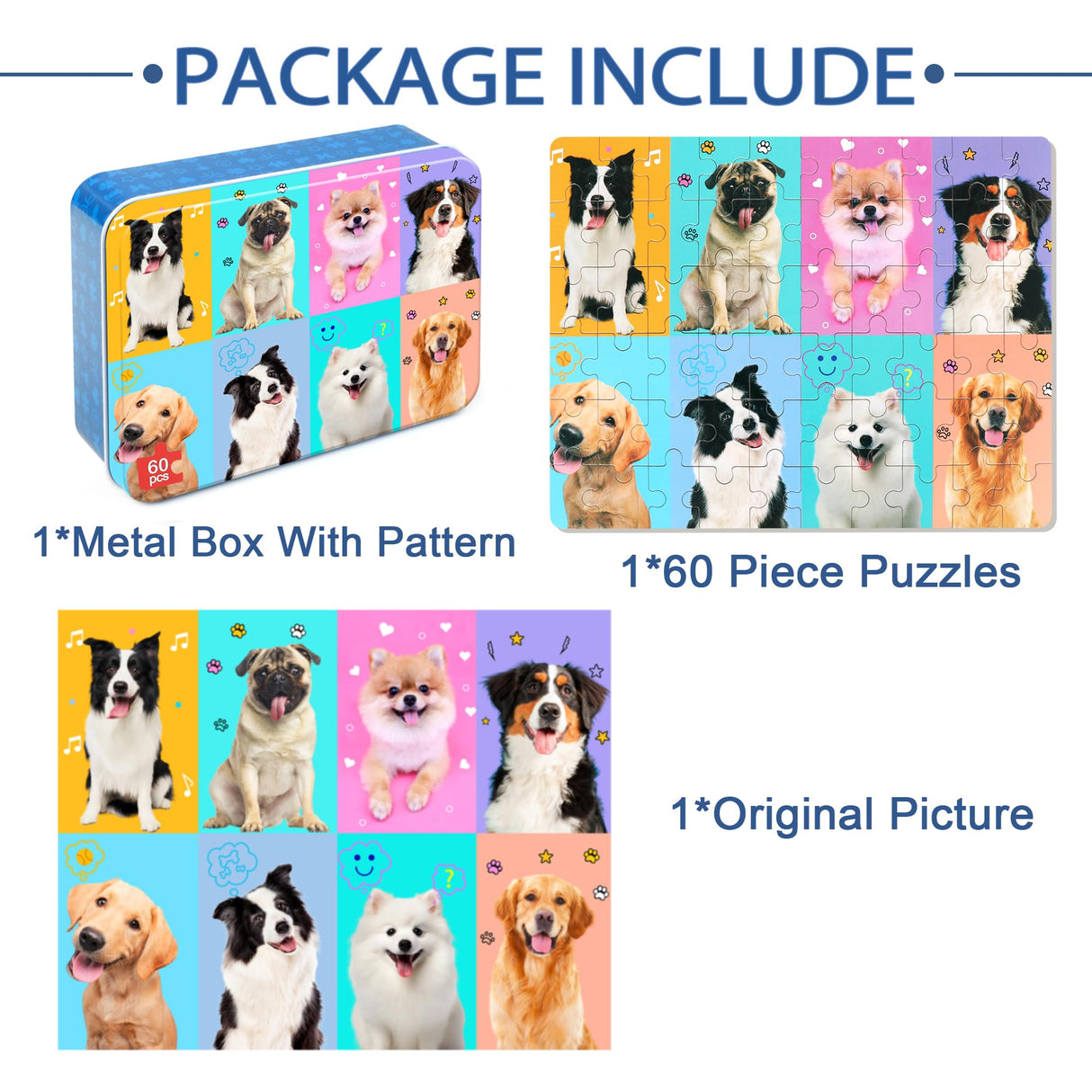 LELEMON Puzzles for Kids Ages 4-6,Dog 60 Piece Puzzles for Kids Ages 4-8,Children Jigsaw Puzzles Kids Puzzles in a Metal Box,Educational Learning Puzzle Toys for Girls and Boys LELEMON