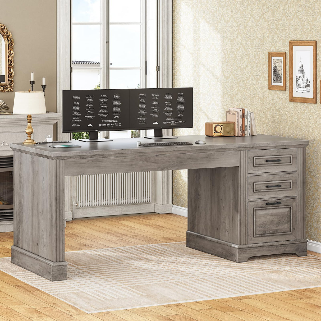 SEDETA Executive Office Desk with 3 Drawers, Farmhouse 55" Computer Desk with Storage File Drawers & Power Outlet for Home Office, Grey SEDETA