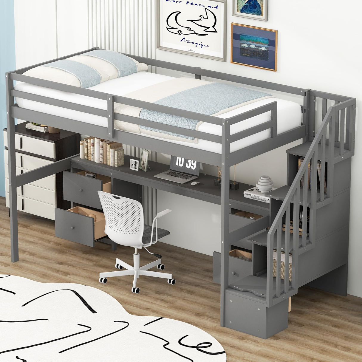 SOFTSEA Twin Loft Bed with Desk, Storage Stairs & Drawers in Grey SOFTSEA