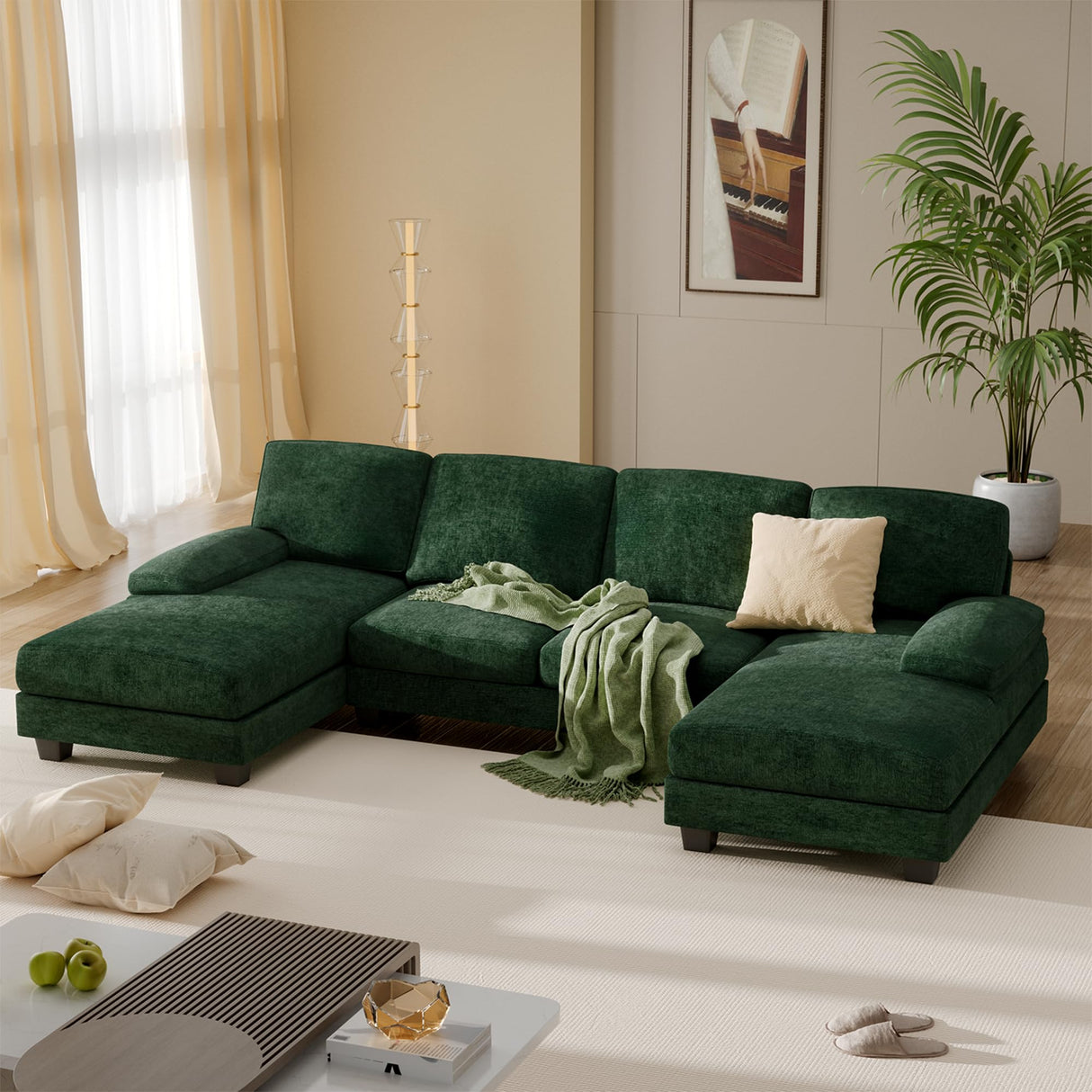 Furniwell Convertible Sectional Sofa Couch, 4 Seat Sofa Set for Living Room U-Shaped Modern Fabric Modular Sofa Sleeper with Double Chaise & Memory Foam (Fabric, Dark Green) Furniwell