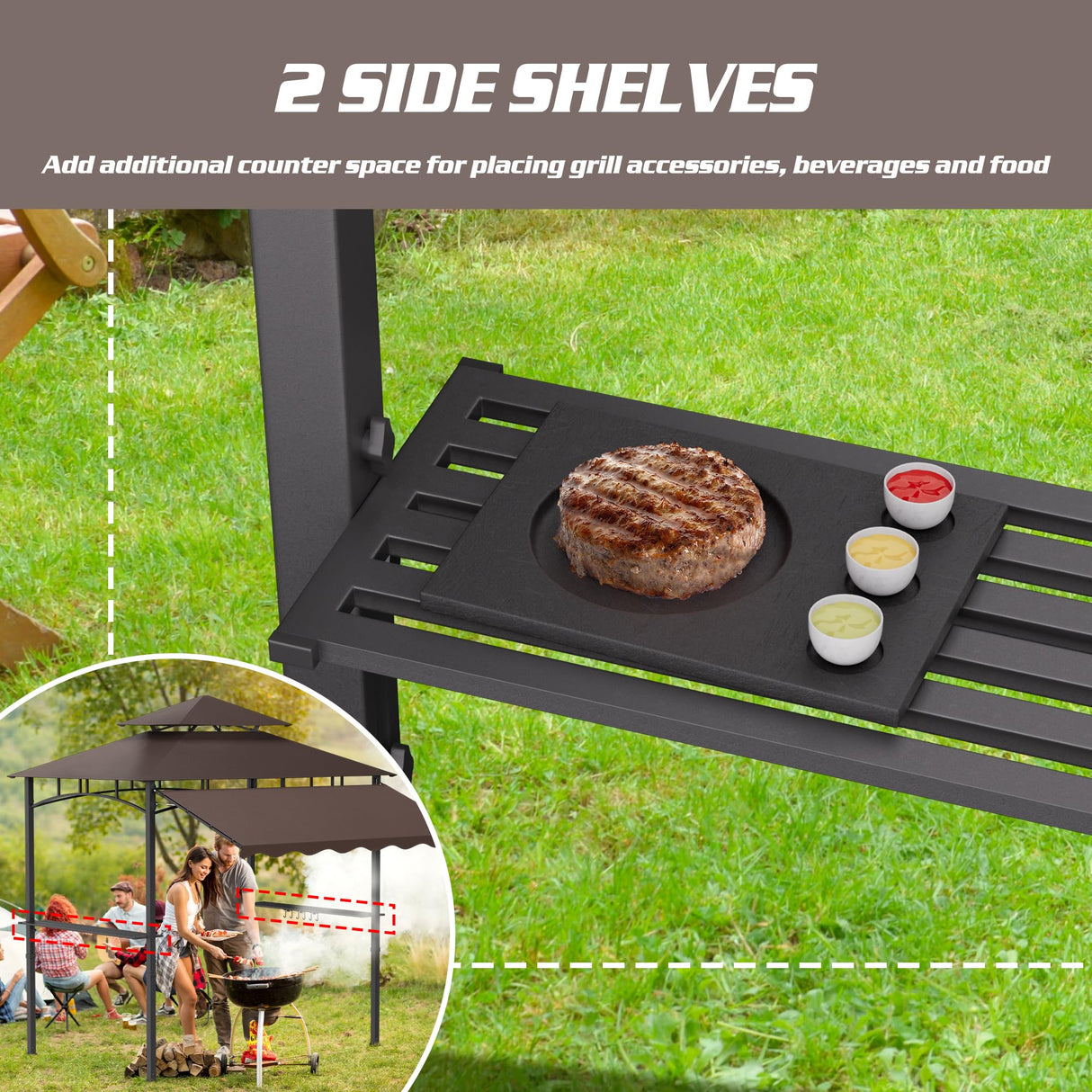 Decomax 8'X8' Grill Gazebo Canopy - Heavy Duty Steel Frame, Double Tiered Grill Canopy for Outdoor Grill W/Shelves, Ceiling Hooks and Ground Stakes, Outdoor Patio Canopy Tent BBQ Gazebo for Backyard Decomax