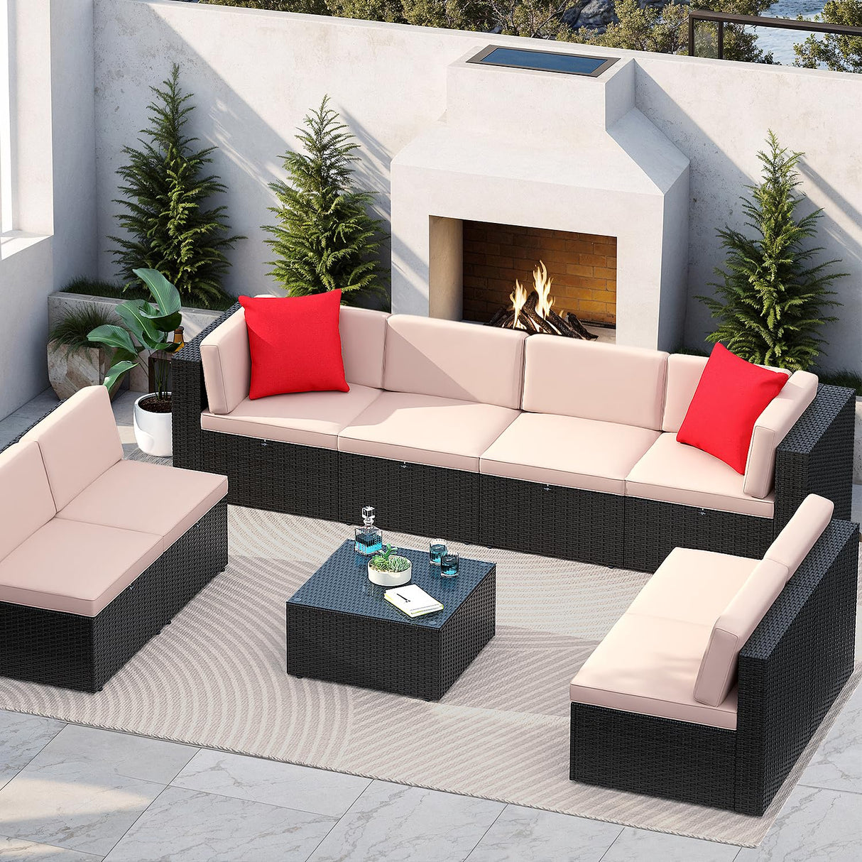 Greesum Patio Furniture Sets 9-Pieces Outdoor PE Rattan Sectional Sofa with Thickened Cushions and Glass Coffee Table,Beige Greesum