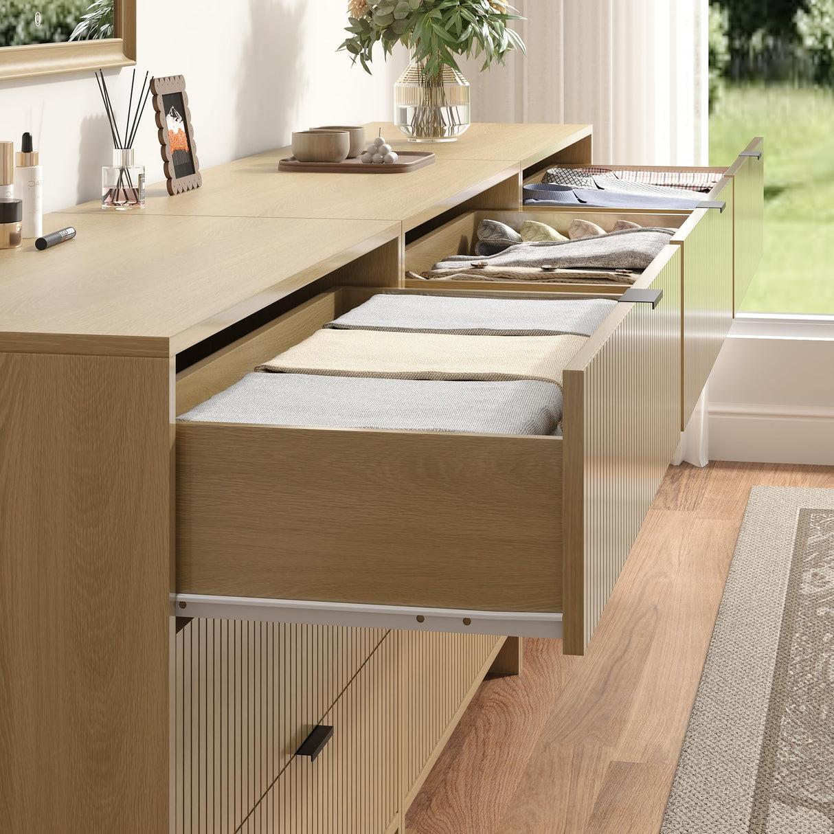 BVIUNTWO Fluted 9 Drawer Dresser,95 Inch Modern Chest of Drawers with Metal Handle,Wood Dresser Organizer for Bedroom,Living Room,Hallway,Natural Oak BVIUNTWO