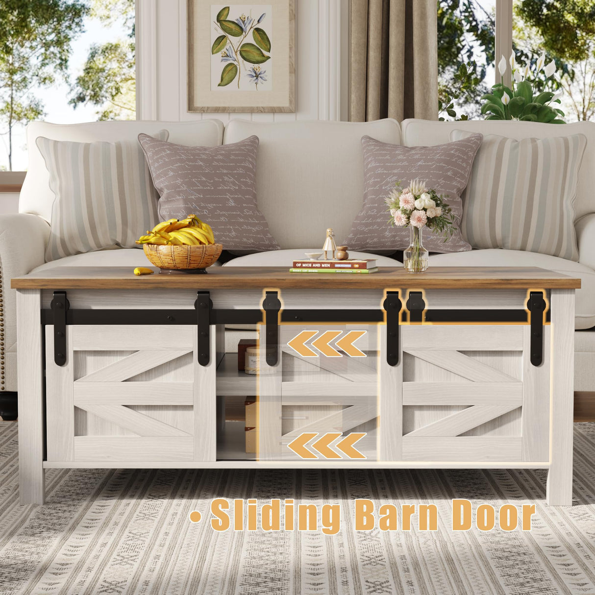 Furmax Coffee Table with Storage and Sliding Barn Doors, Farmhouse Living Room Table with Adjustable Shelves, Wood Rustic Center Table for Home Living Meeting Room (Antique White) Furmax