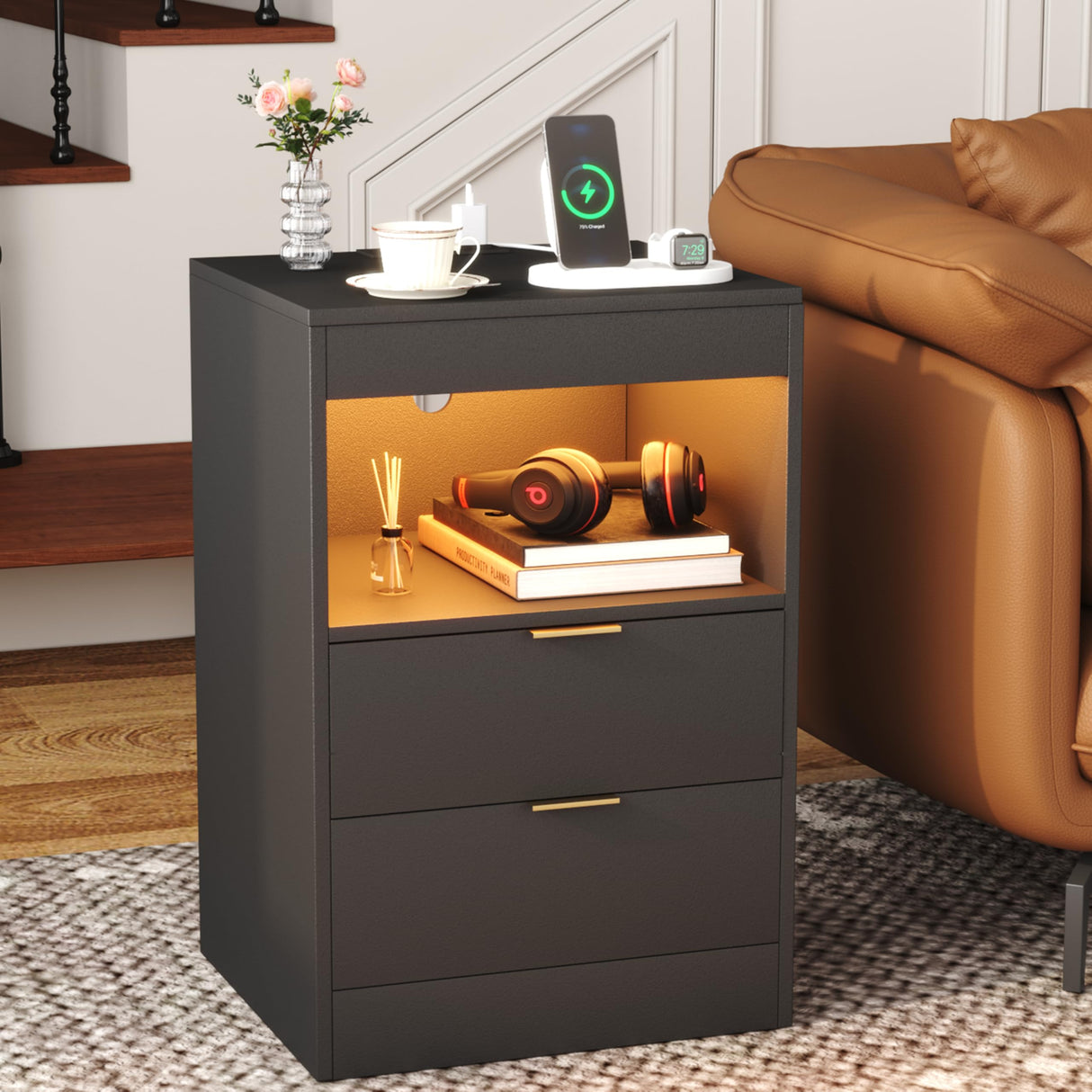 Yusong Night Stand with Gun Drawer & Invisible Lock, Bedside Table, LED Nightstand with Charging Station, Modern Night Stand, Wood Sofa Couch End Side Table with 2 Pull-Out Shelf, Black Yusong