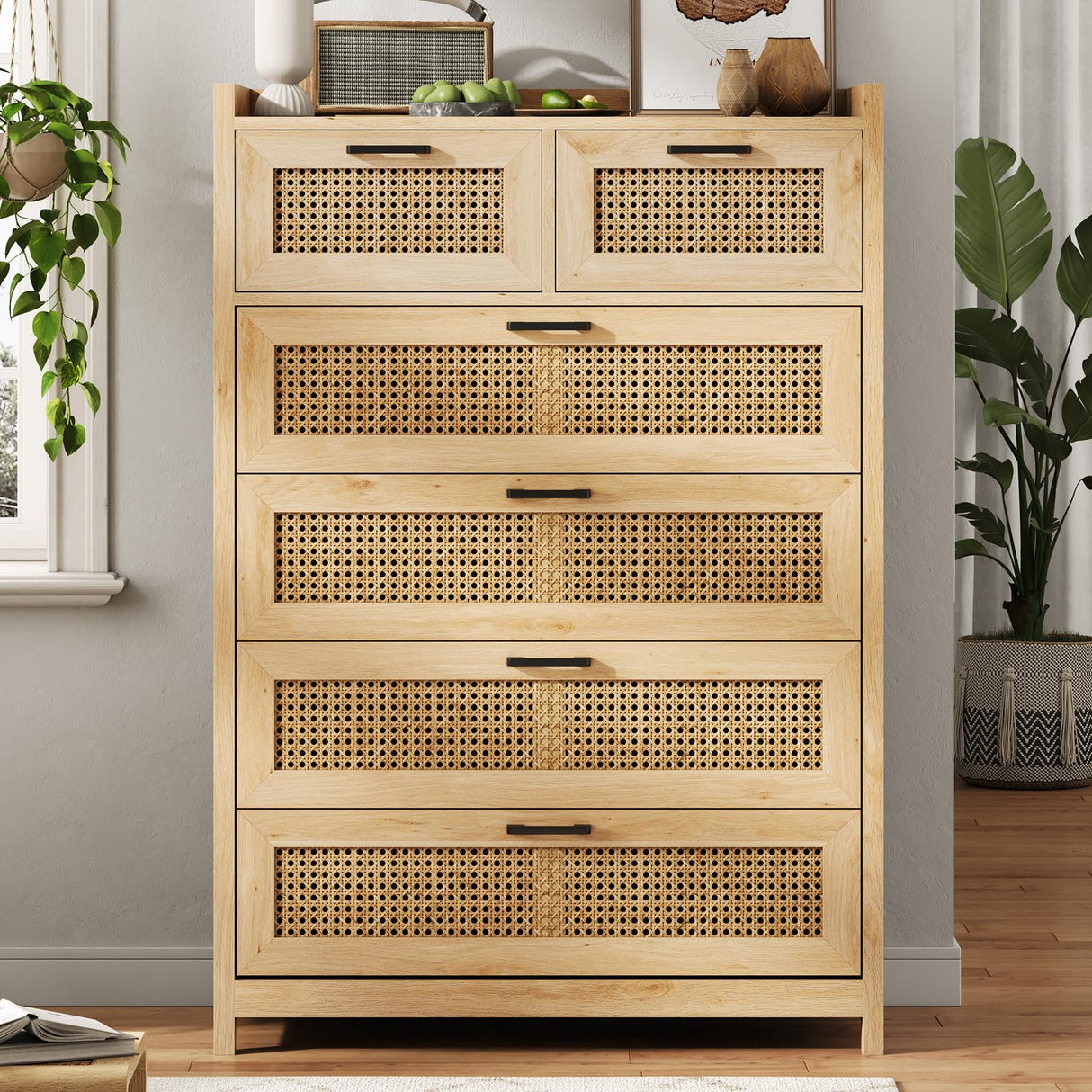 OTMCOOUCH Dresser for Bedroom with 6 Drawers, Natural Rattan Modern Wooden Tall Bedroom Dresser with Led Lights, Chest of Drawers for Bedroom, Living Room OTMCOOUCH