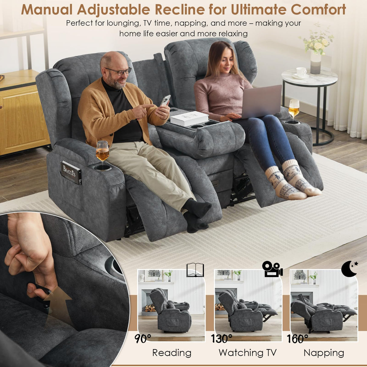 SAMERY 68" RV Loveseat Recliner Sofa, 6" Wall Hugger Reclining Loveseat with Flip-Down Console, Manual Velvet Recliner Sofa Couch for Living Room RV Theater Seating with Cup Holder SAMERY