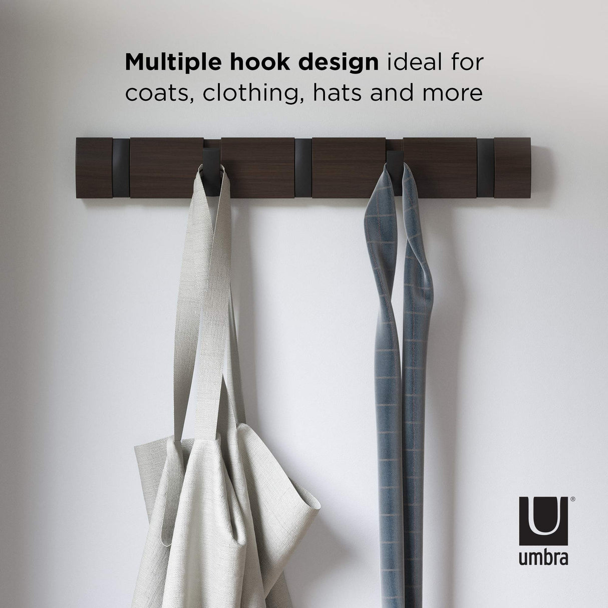 Umbra Flip Wall-Mounted Coat Rack Rail Hook for Hats, Jackets, Bags and More – Modern, Space-Saving Storage Organizer for Entryway, Mudroom, Closet, Bathroom, Bedroom, Kids Room, or Nursery, 5 Hooks, Walnut/Black Umbra