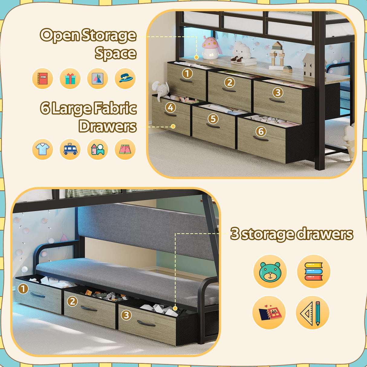 busyaeh Low Loft Bed Full Size,Full Loft Bed for Kids with 9 Storage Drawers & 15.8" H Safety Guardrail & Inclined Ladder & Safety Handrail & LED Lights and Charging Station,Toddler Loft Beds,Oak Gray busyaeh