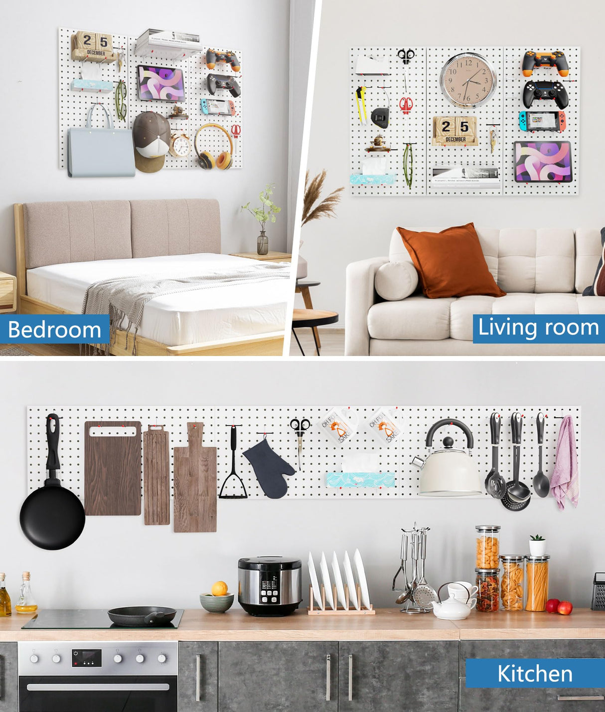 COLCUT Pegboard Organization System for Wall, 3 Pack Metal Pegboard (12x24 Inch) with 58 Hooks, Perfect for Home Office, Kitchen, Craft Room, Living Area and Indoor Porch,White COLCUT