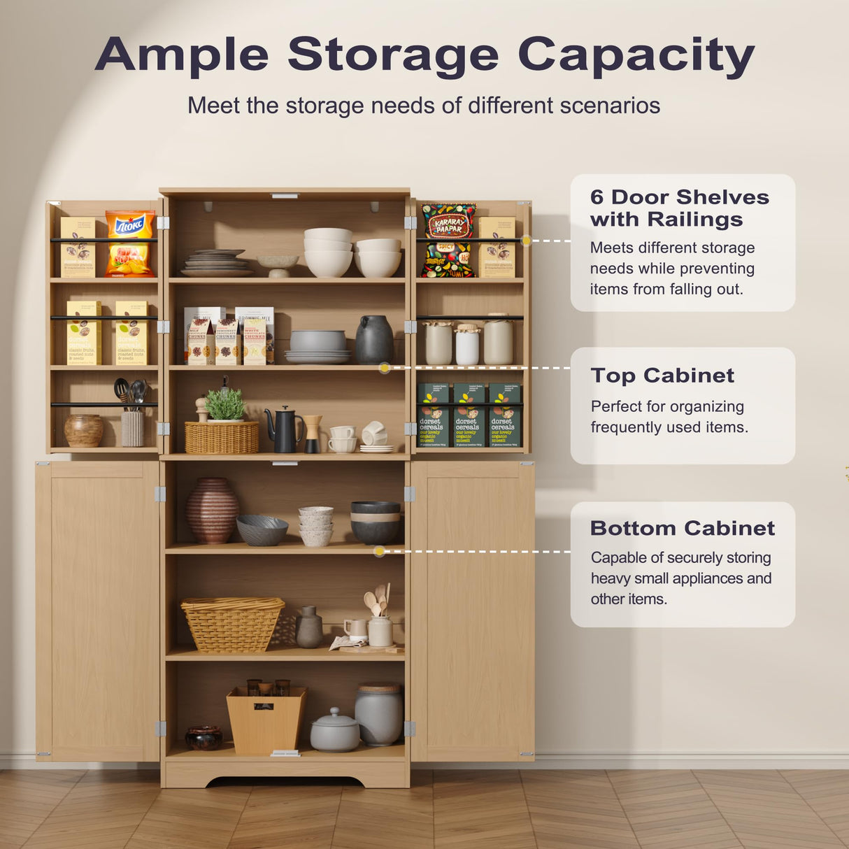 Furnify 72" Tall Kitchen Pantry with Rattan Doors, Storage Cabinet with Organizer, Adjustable Shelves, Wood Freestanding Cupboard for Kitchen, Dining Room, Bathroom and Hallway, Natural Oak Furnify