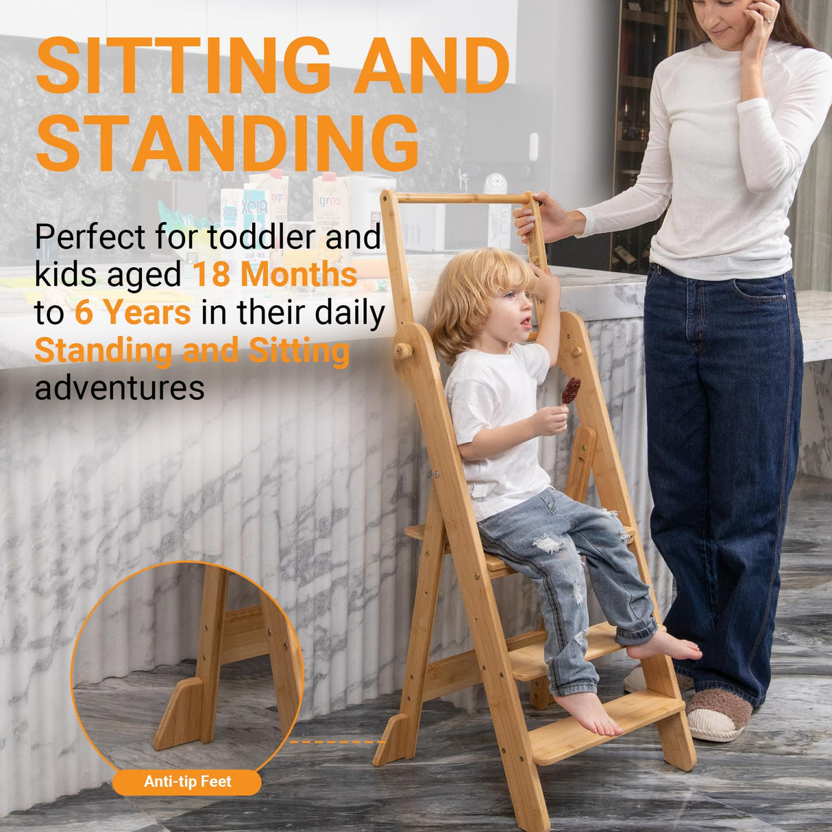 COSYLAND Foldable Toddler Standing Tower - Adjustable Height Folding Step Stool Kids Toddler Kitchen Stool Helper for Learning and Cooking - Ages 18 Months to 6 Years with Safety net Natural COSYLAND