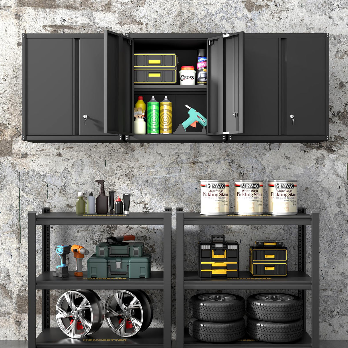 GREATMEET Metal Wall Cabinet, Wall Mounted Storage Cabinet for Garage Storage, Floating Cabinet with Doors and Adjustable Shelf, Steel Cabinet with Lock for Utility Room,Garage GREATMEET
